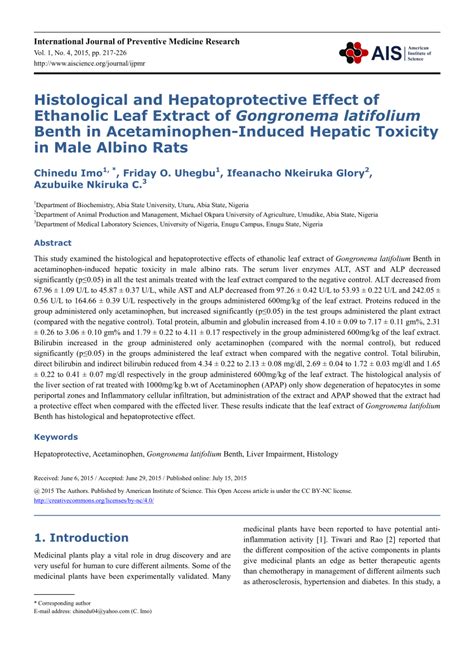 Read Effects Of An Ethanolic Leaf Extract Of Gongronema 