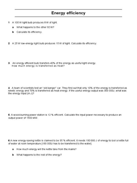 Efficiency Problems Worksheet With Answers