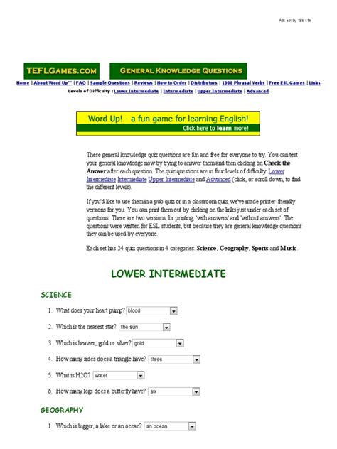 Efl Esl General Knowledge Quiz Questions Tefl Games