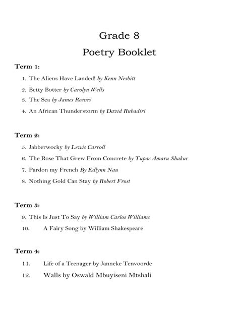 Eighth Grade Grade 8 Poetry Questions For Tests Eighth Grade Poetry - Eighth Grade Poetry
