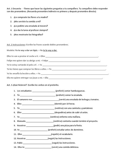 ejercicio los preteritos irregulares answers  documents