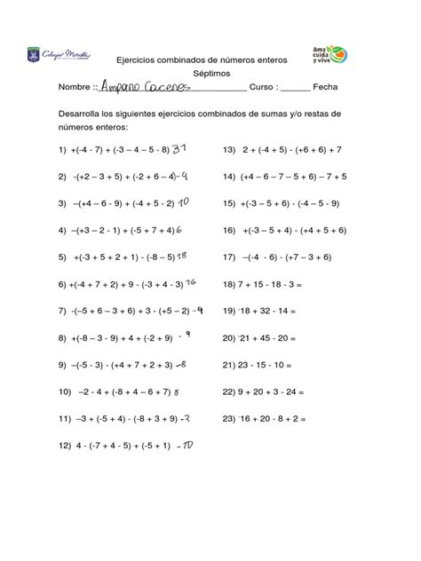 Ejercicios Combinados Con Numeros Enteros