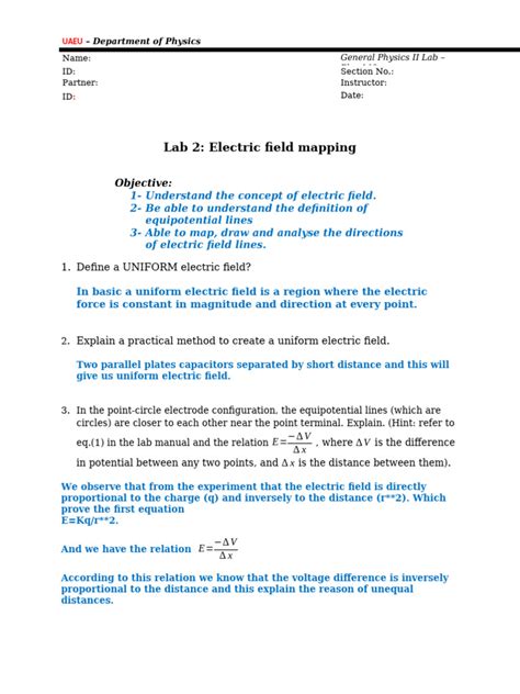 Electric Field Mapping Lab Report Answers