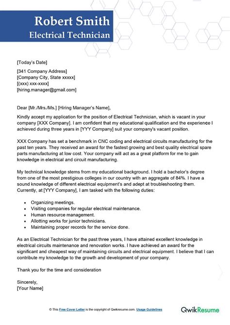 electrical cover letter sample