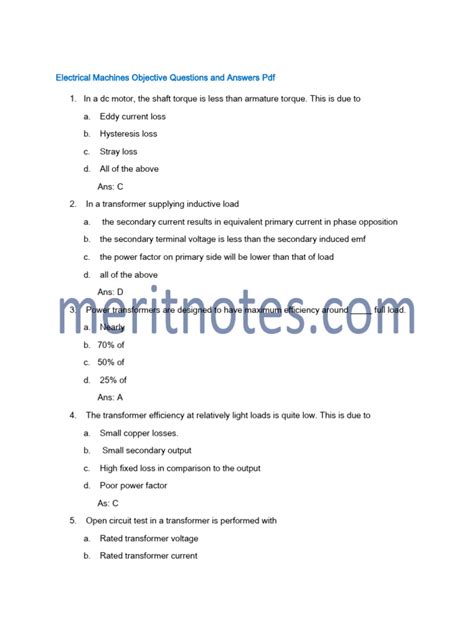 electrical machine objective questions and answers