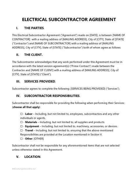 electrical subcontract agreement see construction contracts