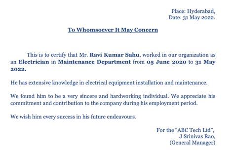 Electrician Work Experience Certificate Format