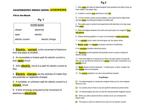 Electricity Study Guide Answers
