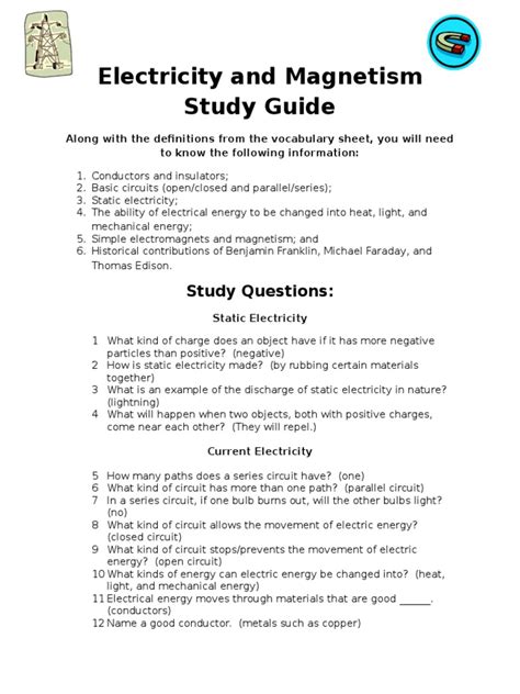 Read Online Electricity And Magnetism Study Guide Answers 