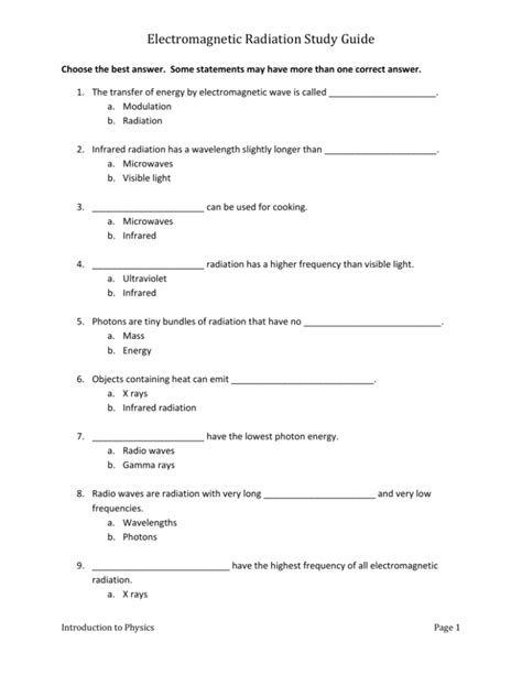 electromagnetic radiation study guide answer key