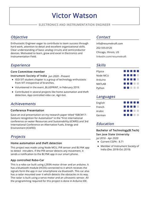 Electronics Instrumentation Engineer Resume