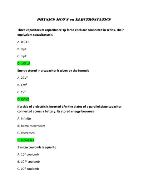 Electrostatics Hsc Physics Mcq