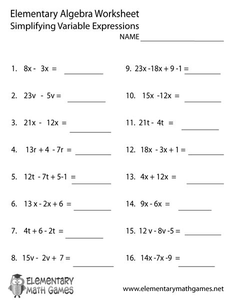 Elementary Algebra Variable Expressions Worksheet Simplifying Variable Expressions Worksheet - Simplifying Variable Expressions Worksheet