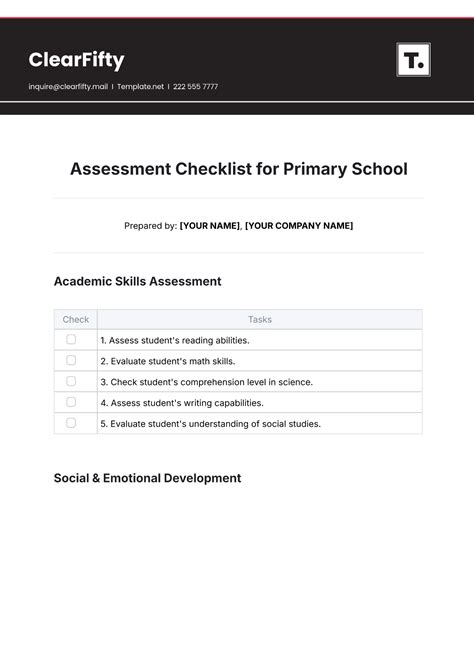 Elementary School Assessment Checklist Template