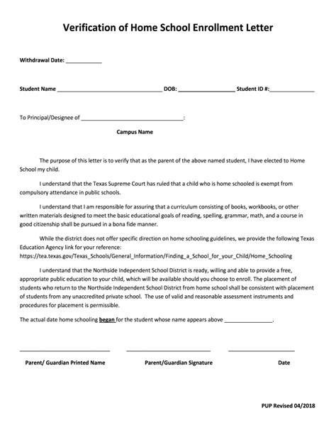 Elementary School Enrollment Verification Letter