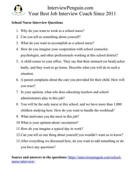 elementary school nurse interview questions