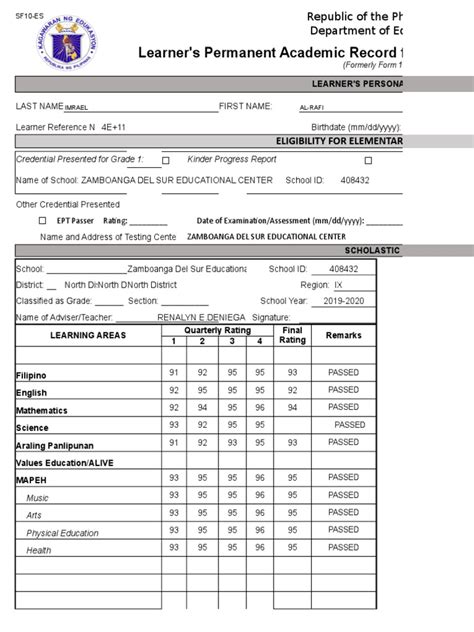 elementary school permanent record template