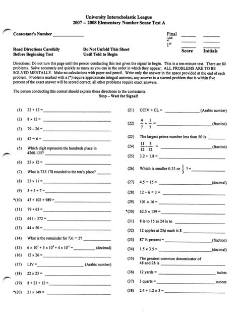 Elementary Uil Number Sense Practice Tests