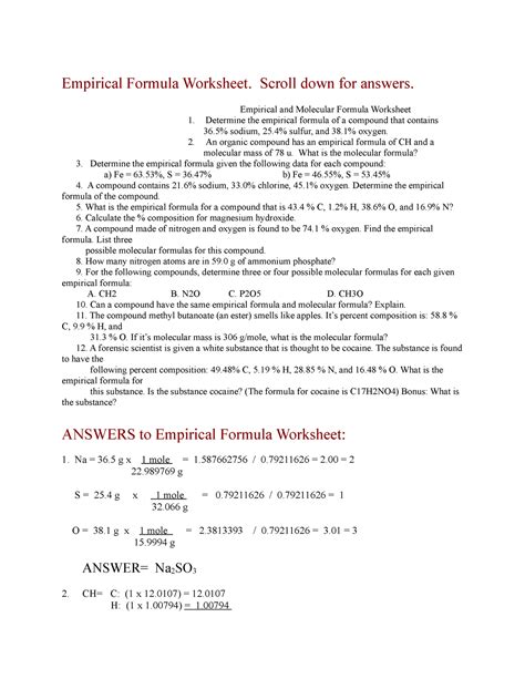 Empirical Formula Worksheet Scroll Down For Answers Studocu Chemistry Empirical Formula Worksheet Answers - Chemistry Empirical Formula Worksheet Answers