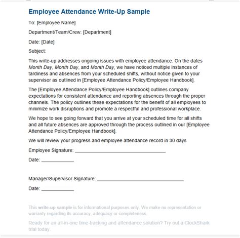 Employee Attendance Write Up Sample