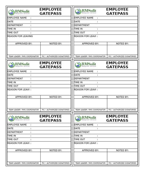 Employee Gate Pass Format Samples