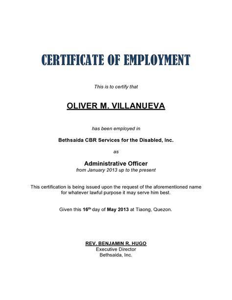 employment certificate sample format