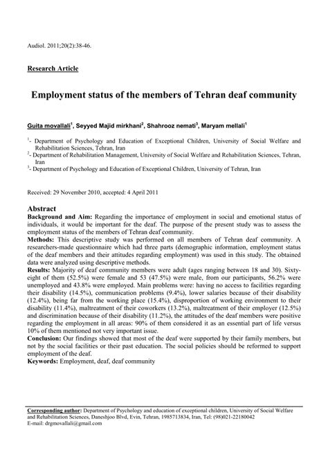 Full Download Employment Status Of The Members Of Tehran Deaf Community 