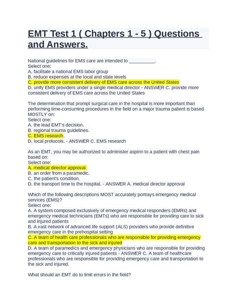 Full Download Emt Test Questions And Answers 