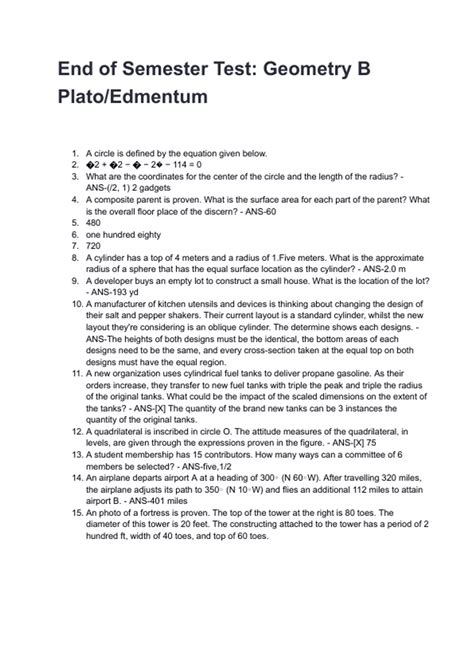 End Of Semester Test Geometry B Answer Key