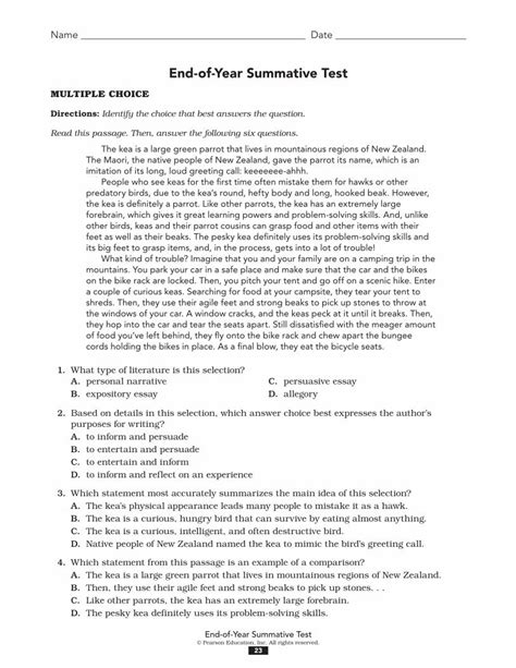end of year summative test pearson answers