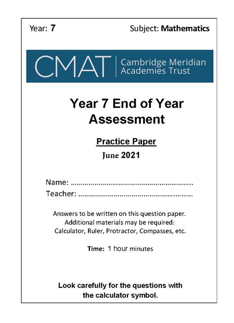 Read End Of Year 7 Maths Test Papers 