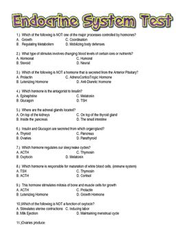 Endocrine System Test Multiple Choice Questions