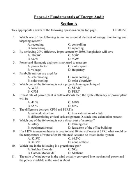 Energy Audit Exam Model Question Papers