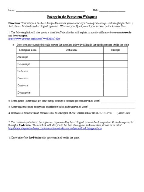 Energy Ecosystem Webquest Answer Shee