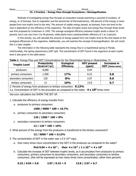 Energy Flow Calc Worksheet From Ecology Wb Answers Biomagnification Worksheet Answers - Biomagnification Worksheet Answers