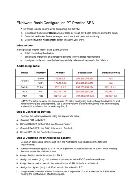 Enetwork Basic Configuration Pt Practice Sba Answers