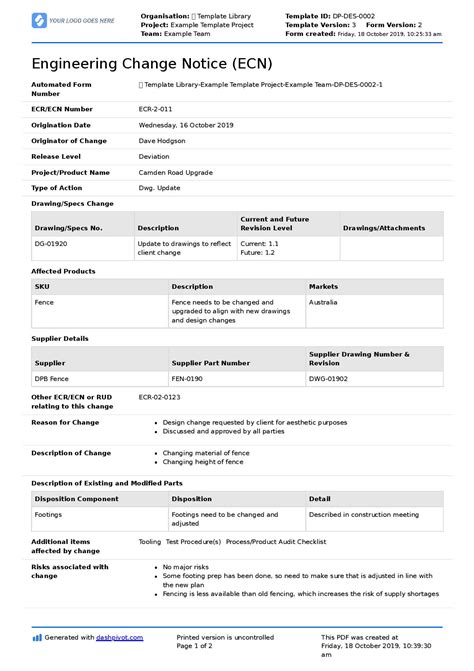 engineering change notice form template