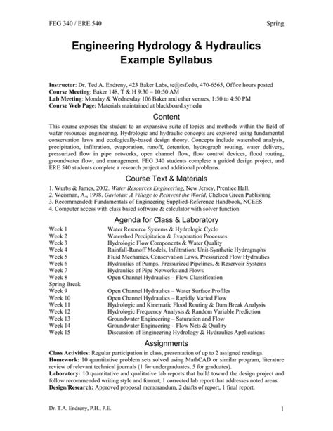 Engineering Hydrology Hydraulics Example Syllabus