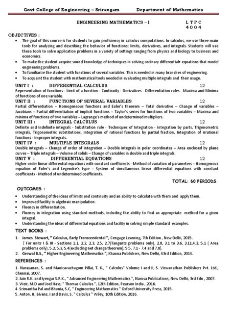 Engineering Mathematics 1 Syllabus