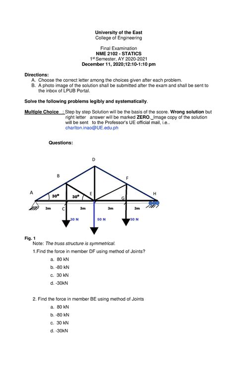 engineering statics final exam with solutions