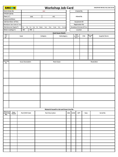 Engineering Workshop Job Card Template Chebaoore