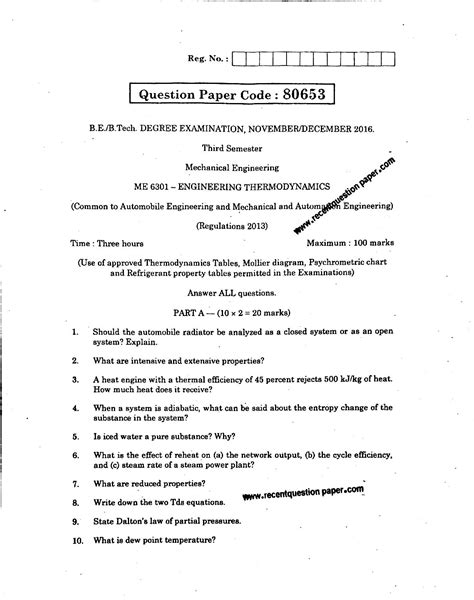 Read Engineering Thermodynamics Question Paper 