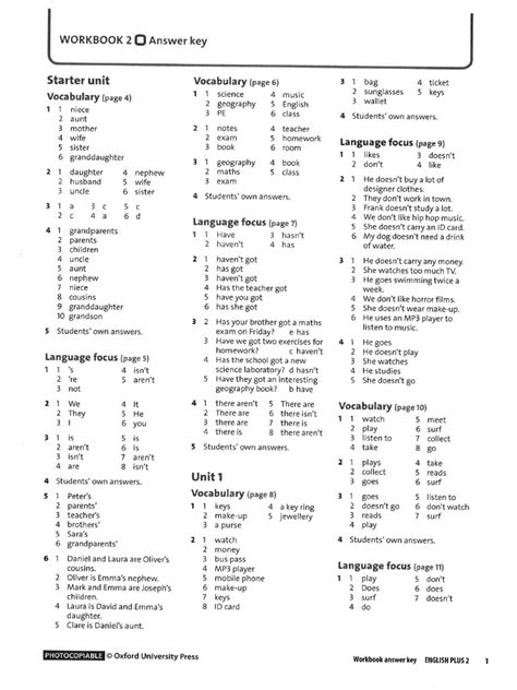 English Plus 2 Workbook Key