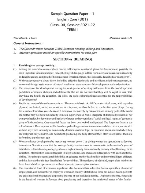 English Term 2 Sample Paper Class 12