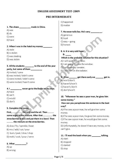 English Test Pre Intermediate 100 Questions