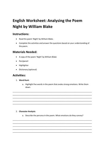 English Worksheet Analysing The Poem Night By William Parts Of A Poem Worksheet - Parts Of A Poem Worksheet