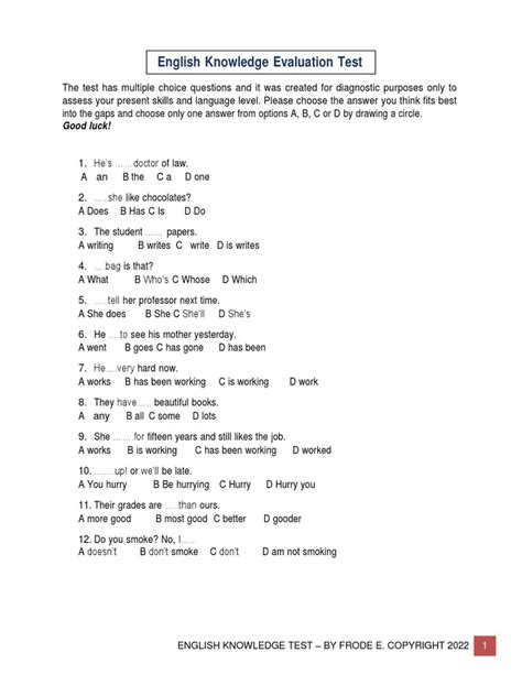 Full Download English Knowledge Test 