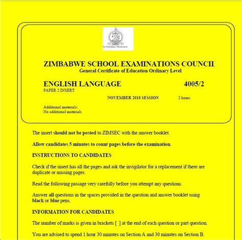Download English Language Zimsec Exam Papers 