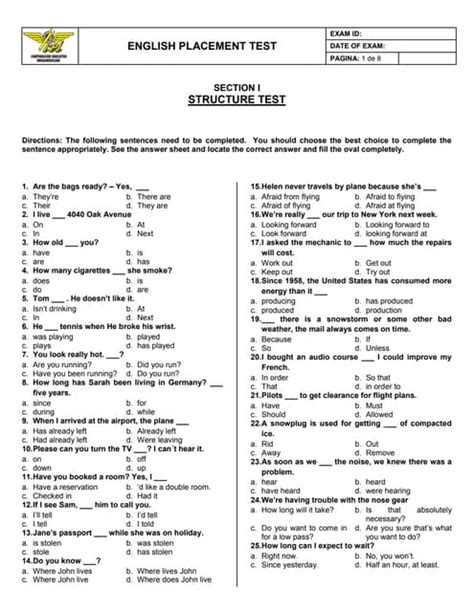 Full Download English Placement Test With Answers 