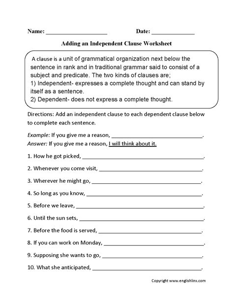 Englishlinx Com Clauses Worksheets Independent Clause Worksheet - Independent Clause Worksheet